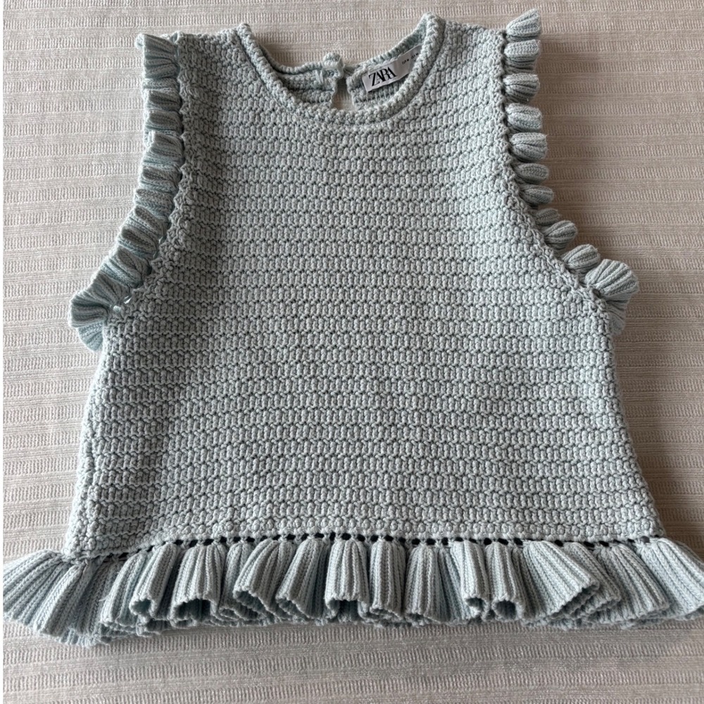 Zara Light Blue Cotton Crochet Knit Ruffle Trim Sleeveless Top Medium